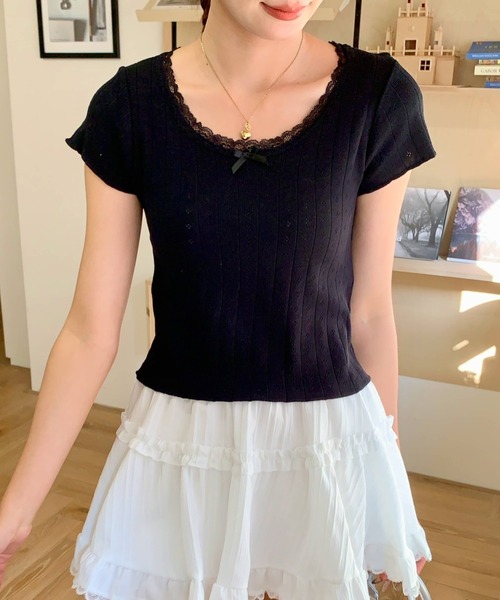 everycoco(エブリーココ)の「レーストリムサマーニットTシャツ(Tシャツ/カットソー・レディース・ホワイト/ブラック・FREE)」の22枚目の写真