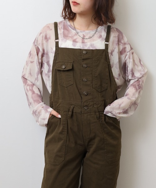 atONE(アットワン)の「ツイルサロペットワイドパンツ(サロペット/オーバーオール・レディース・カーキ/ベージュ/ブラック・M/4L/3L/LL/L)」の3枚目の写真