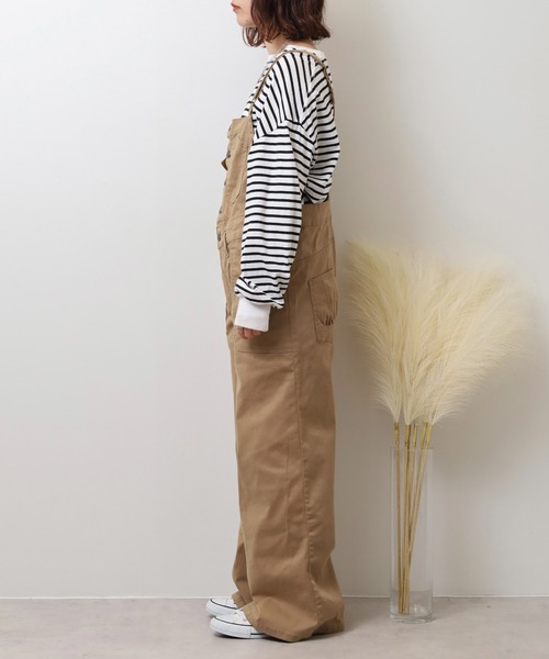atONE(アットワン)の「ツイルサロペットワイドパンツ(サロペット/オーバーオール・レディース・カーキ/ベージュ/ブラック・M/4L/3L/LL/L)」の6枚目の写真