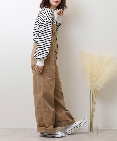atONE(アットワン)の「ツイルサロペットワイドパンツ(サロペット/オーバーオール・レディース・カーキ/ベージュ/ブラック・M/4L/3L/LL/L)」の12枚目の写真