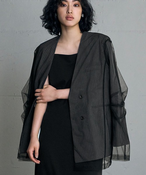 希少　プラダ　ノーカラージャケット　2way　ヴァージンウール　チュールレース ストライプチュールレイヤードノーカラージャケット 結婚式 パーティー