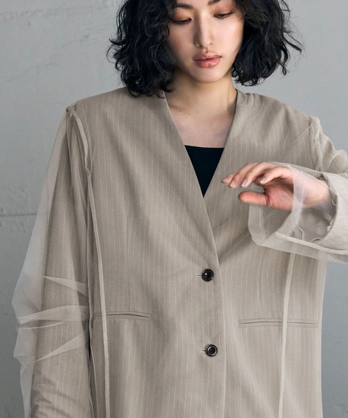 girl(ガール)の「ストライプチュールレイヤードノーカラージャケット 結婚式 パーティードレス オケージョン お呼ばれ 二次会 成人式 同窓会(ノーカラージャケット・レディース・チャコールグレー/ベージュ・L/M/S)」の22枚目の写真