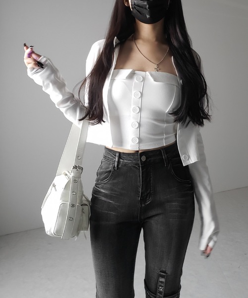 アンサンブル 「 2点セット 」フロントボタンベアトップ ＋ クロップドカットソーカーディガン SET ／ front button bare top 2点セット 】フロントボタンベアトップ ＋ クロップドカットソー