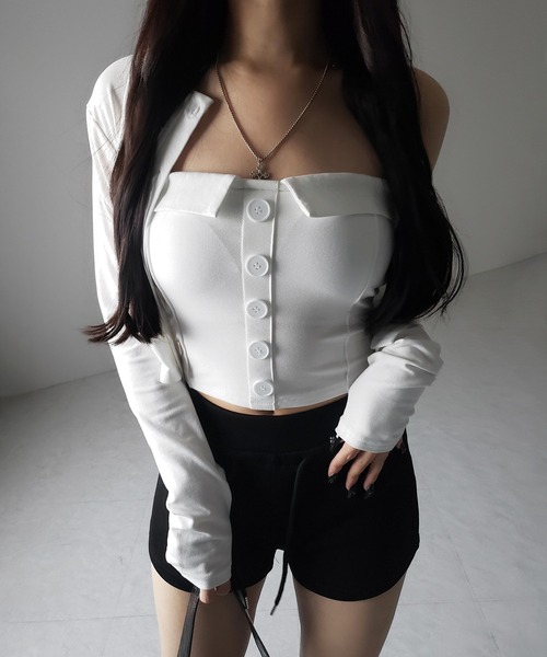 アンサンブル 「 2点セット 」フロントボタンベアトップ ＋ クロップドカットソーカーディガン SET ／ front button bare top 2点セット 】フロントボタンベアトップ ＋ クロップドカットソー