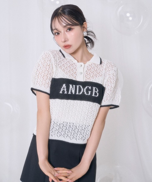 ANDGEEBEE（アンジービー）の「透かし編みポロニット（ポロシャツ・レディース・ブラック/アイボリー・FREE）」の2枚目の写真