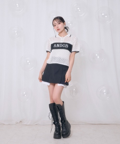 ANDGEEBEE（アンジービー）の「透かし編みポロニット（ポロシャツ・レディース・ブラック/アイボリー・FREE）」の3枚目の写真