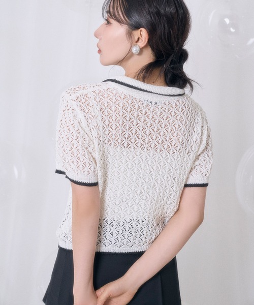 ANDGEEBEE（アンジービー）の「透かし編みポロニット（ポロシャツ・レディース・ブラック/アイボリー・FREE）」の7枚目の写真