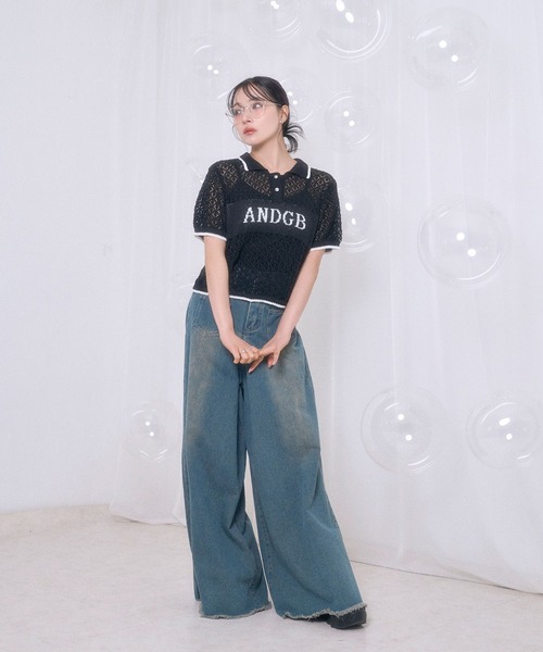 ANDGEEBEE（アンジービー）の「透かし編みポロニット（ポロシャツ・レディース・ブラック/アイボリー・FREE）」の11枚目の写真