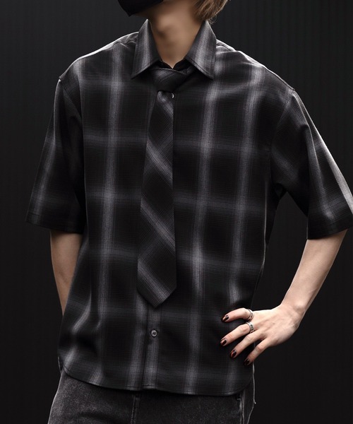 CLEL(クレイル)の「【CLEL】Loose Herringbone Check Shirt & Tie/ルーズ ヘリンボーンチェックシャツ&ネクタイ(シャツ/ブラウス・メンズ・ブラック系1/グレー系1/ブラウン系1・XS/S/M/L)」の21枚目の写真