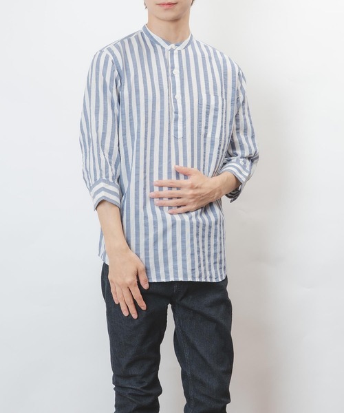 garsonwave(ギャルソンウェーブ)の「ストライプ パナマ織り シアサッカー カプリ デザイン バンドカラー 七分袖 シャツ(GW)(シャツ/ブラウス・メンズ・ネイビー/ブルー/サックスブルー/オレンジ・M/L)」の14枚目の写真