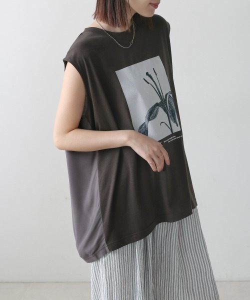 Bou Jeloud（ブージュルード）の「異素材プリントチュニック（チュニック・レディース・カーキ/チャコールグレー・FREE）」の3枚目の写真