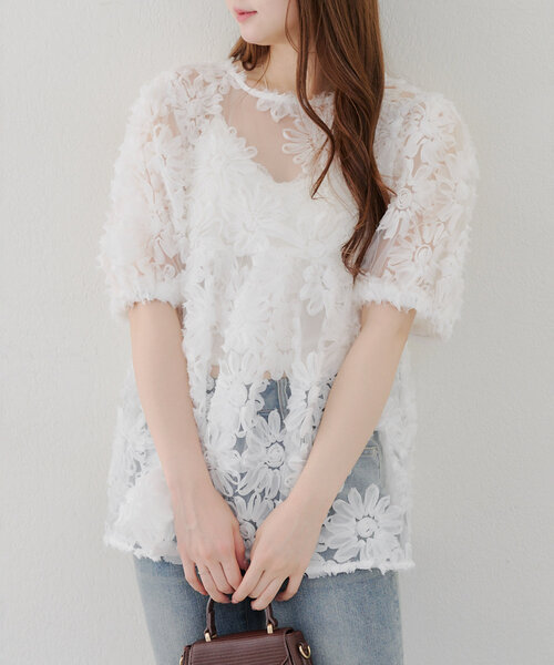 Remind me and forever（リマインドミーアンドフォーエバー）の「【@toitopoooo_____コラボ】花柄チュールブラウス（シャツ/ブラウス・レディース・オフホワイト/ブラック・FREE）」の20枚目の写真