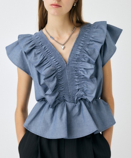 SHIRRING RUFFLE PEPLUM トップス / ブルー（シャツ/ブラウス