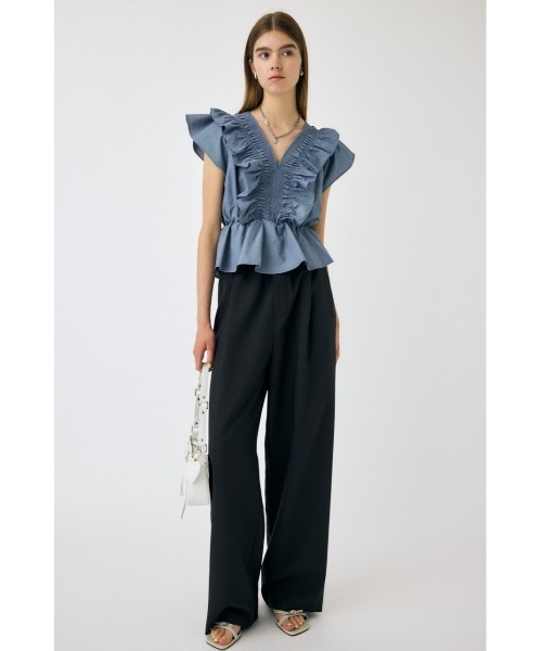 MOUSSY(マウジー)の「SHIRRING RUFFLE PEPLUM トップス / ブルー(シャツ/ブラウス・レディース・ブルー/ダークブルー・FREE)」の3枚目の写真