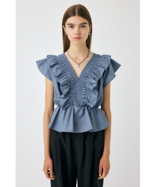 新品未使用【MOUSSY】SHIRRING RUFFLE PEPLUM トップス SHIRRING RUFFLE PEPLUM トップス / ブルー（シャツ/ブラウス