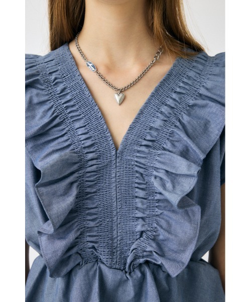 SHIRRING RUFFLE PEPLUM トップス / ブルー（シャツ/ブラウス