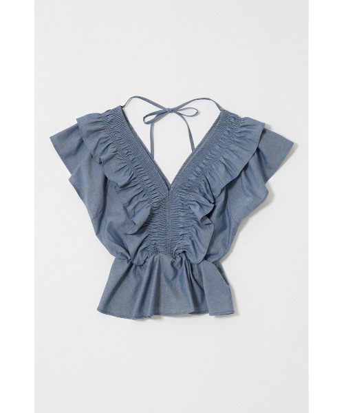 SHIRRING RUFFLE PEPLUM トップス / ブルー（シャツ/ブラウス