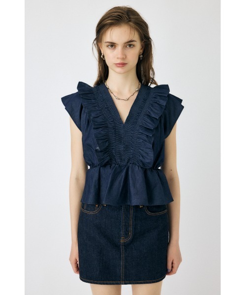 ブラウス シャツ SHIRRING RUFFLE PEPLUM トップス レディース SHIRRING RUFFLE PEPLUM トップス / ブルー（シャツ/ブラウス
