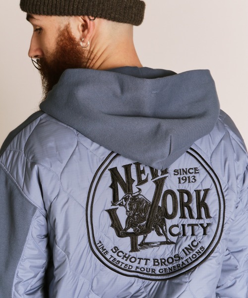 schott(ショット)の「Schott/ショット/QUILTED COMBI. ZIP HOODED/キルティング コンビ ジップパーカー(パーカー・メンズ・オートミール/ブラック/ブルーグレー・M/L/XL/2XL)」の1枚目の写真