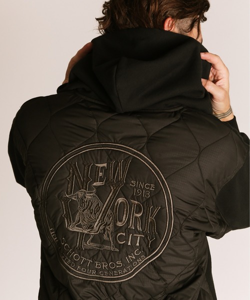 schott(ショット)の「Schott/ショット/QUILTED COMBI. ZIP HOODED/キルティング コンビ ジップパーカー(パーカー・メンズ・オートミール/ブラック/ブルーグレー・M/L/XL/2XL)」の2枚目の写真