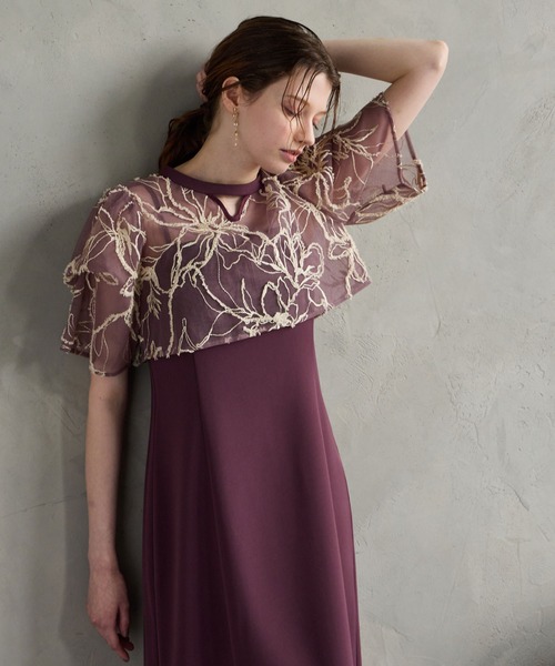 フラワーモール刺繍キーネックブラウス×Iラインキャミソールワンピース