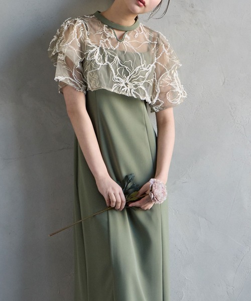 セール】フラワーモール刺繍キーネックブラウス×Iラインキャミソール