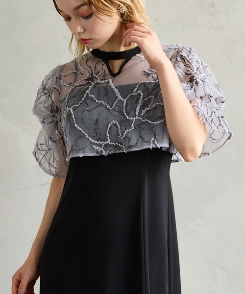 フラワーモール刺繍キーネックブラウス×Iラインキャミソールワンピース