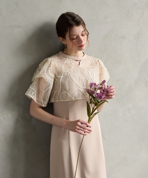 フラワーモール刺繍キーネックブラウス×Iラインキャミソールワンピース