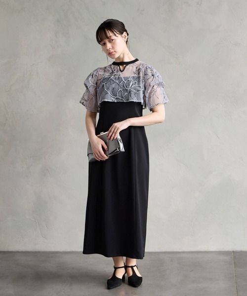 フラワーモール刺繍キーネックブラウス×Iラインキャミソールワンピース