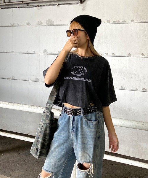 non-hedge(ノンヘッジ)の「ブリーチロゴショート丈Tシャツ(Tシャツ/カットソー・レディース・ブラック×ホワイト/ピンク/ブラック×ブラック/ブラック・FREE)」の6枚目の写真