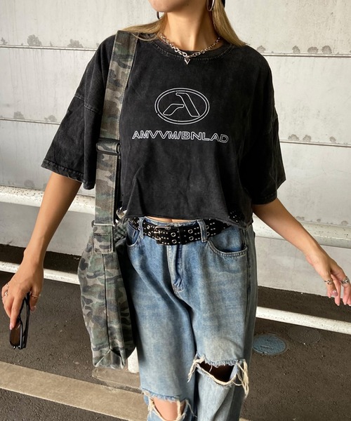 non-hedge(ノンヘッジ)の「ブリーチロゴショート丈Tシャツ(Tシャツ/カットソー・レディース・ブラック×ホワイト/ピンク/ブラック×ブラック/ブラック・FREE)」の7枚目の写真