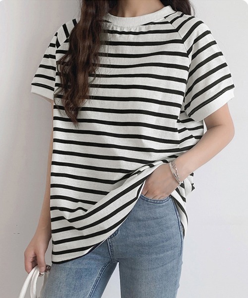 Miniministore(ミニミニストア)の「ボーダーTシャツ 半袖チュニックTシャツ(Tシャツ/カットソー・レディース・ベージュ/チャコールグレー/イエロー/ネイビー/ホワイト系/ライトピンク/ブラック/ホワイト/ミント・FREE)」の3枚目の写真