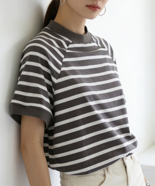 Miniministore(ミニミニストア)の「ボーダーTシャツ 半袖チュニックTシャツ(Tシャツ/カットソー・レディース・ベージュ/チャコールグレー/イエロー/ネイビー/ホワイト系/ライトピンク/ブラック/ホワイト/ミント・FREE)」の10枚目の写真