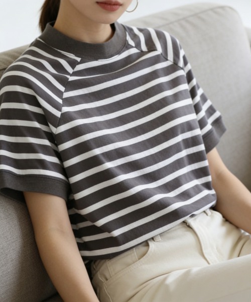Miniministore(ミニミニストア)の「ボーダーTシャツ 半袖チュニックTシャツ(Tシャツ/カットソー・レディース・ベージュ/チャコールグレー/イエロー/ネイビー/ホワイト系/ライトピンク/ブラック/ホワイト/ミント・FREE)」の11枚目の写真