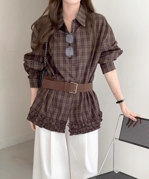 gossip!ロサンゼルス(ゴシップロサンゼルス)の「レトロチェック 裾フリルシャツ(シャツ/ブラウス・レディース・チェック・L/M)」の1枚目の写真
