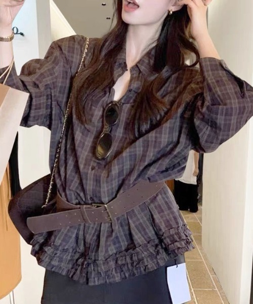 gossip!ロサンゼルス(ゴシップロサンゼルス)の「レトロチェック 裾フリルシャツ(シャツ/ブラウス・レディース・チェック・L/M)」の3枚目の写真