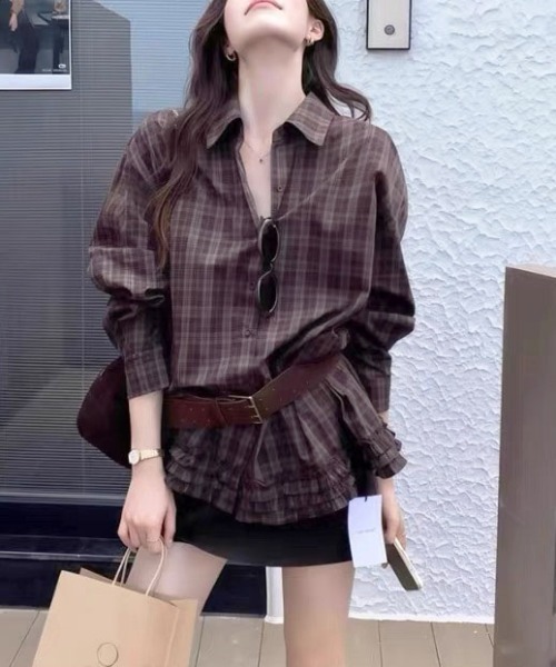 gossip!ロサンゼルス(ゴシップロサンゼルス)の「レトロチェック 裾フリルシャツ(シャツ/ブラウス・レディース・チェック・L/M)」の4枚目の写真