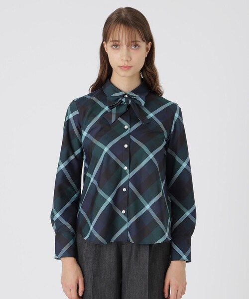 ブルーレーベルクレストブリッジ　ブラウス クレストブリッジチェックハーフスパンツイルリボンタイ付きシャツ