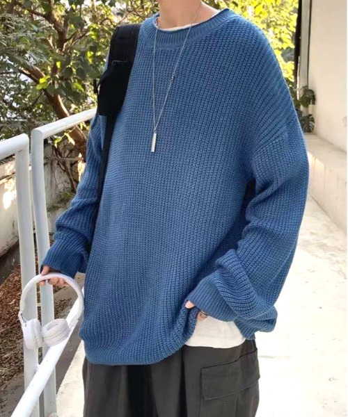 neos(ネオス)の「【neos】ルーズサイズ リブ モックネック ニット プルオーバー(ニット/セーター・メンズ・ブルー/チャコールグレー・MEDIUM/LARGE/X-LARGE)」の2枚目の写真