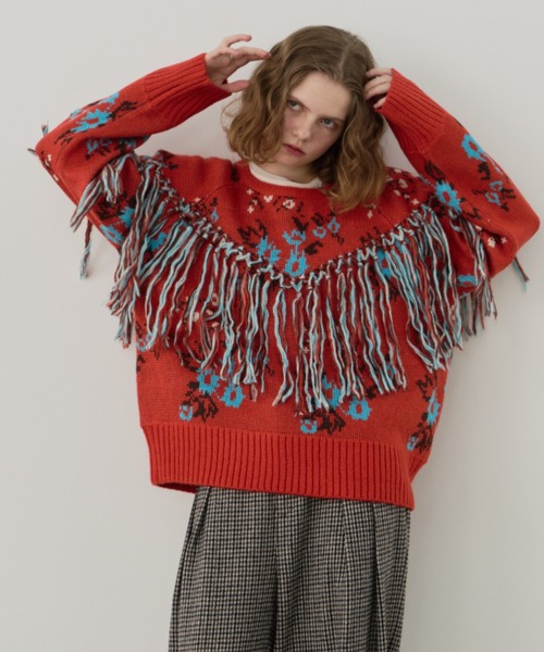 Unitage（ユニテージ）の「フリンジ花柄ニット（ニット/セーター・レディース・アイボリー/レッド/ブラック・FREE）」の3枚目の写真