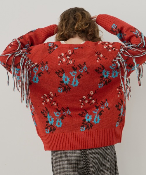 Unitage（ユニテージ）の「フリンジ花柄ニット（ニット/セーター・レディース・アイボリー/レッド/ブラック・FREE）」の8枚目の写真