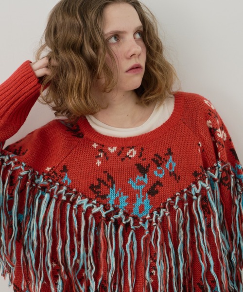 Unitage（ユニテージ）の「フリンジ花柄ニット（ニット/セーター・レディース・アイボリー/レッド/ブラック・FREE）」の4枚目の写真