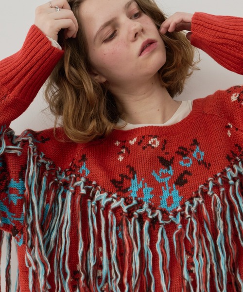 Unitage（ユニテージ）の「フリンジ花柄ニット（ニット/セーター・レディース・アイボリー/レッド/ブラック・FREE）」の6枚目の写真