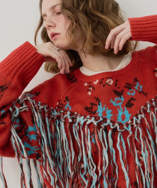 Unitage（ユニテージ）の「フリンジ花柄ニット（ニット/セーター・レディース・アイボリー/レッド/ブラック・FREE）」の5枚目の写真