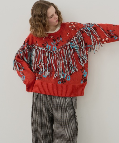 Unitage（ユニテージ）の「フリンジ花柄ニット（ニット/セーター・レディース・アイボリー/レッド/ブラック・FREE）」の7枚目の写真