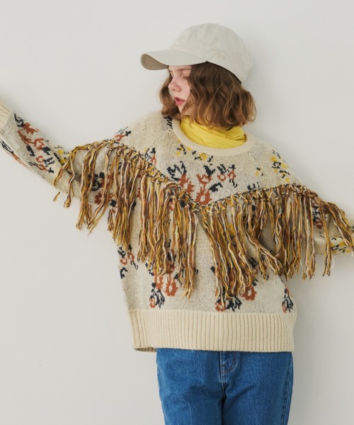 Unitage（ユニテージ）の「フリンジ花柄ニット（ニット/セーター・レディース・アイボリー/レッド/ブラック・FREE）」の10枚目の写真