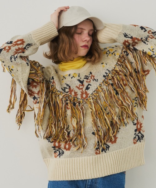 Unitage（ユニテージ）の「フリンジ花柄ニット（ニット/セーター・レディース・アイボリー/レッド/ブラック・FREE）」の12枚目の写真