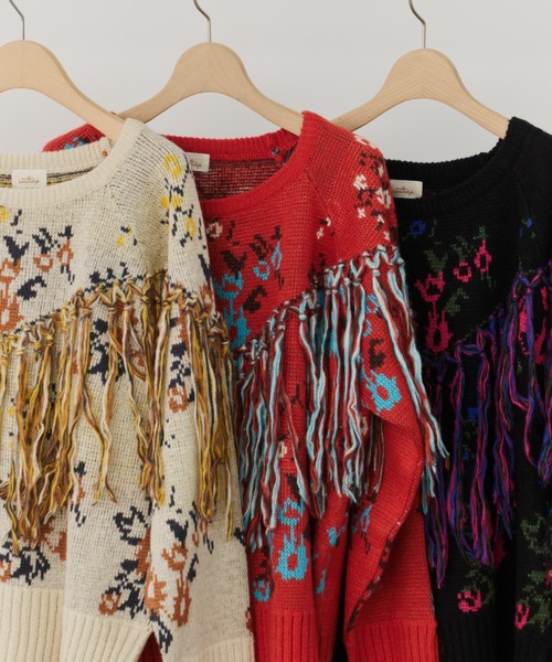 Unitage（ユニテージ）の「フリンジ花柄ニット（ニット/セーター・レディース・アイボリー/レッド/ブラック・FREE）」の16枚目の写真