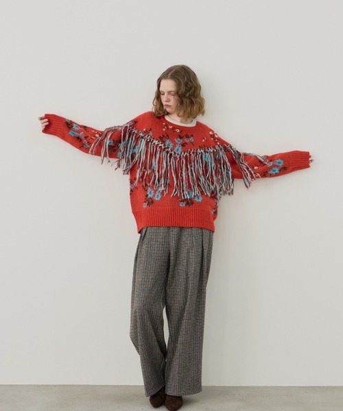 Unitage（ユニテージ）の「フリンジ花柄ニット（ニット/セーター・レディース・アイボリー/レッド/ブラック・FREE）」の21枚目の写真