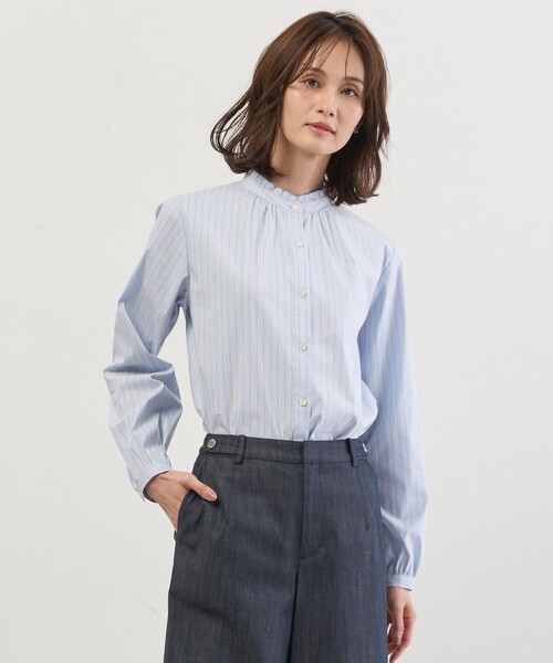 J.PRESS(ジェイプレス)の「BEZコットンナイロン ストライプ フリル襟 ブラウス(シャツ/ブラウス・レディース・サックスブルー系1/ピンク系1/ホワイト系/イエロー系1・T15/T13)」の2枚目の写真